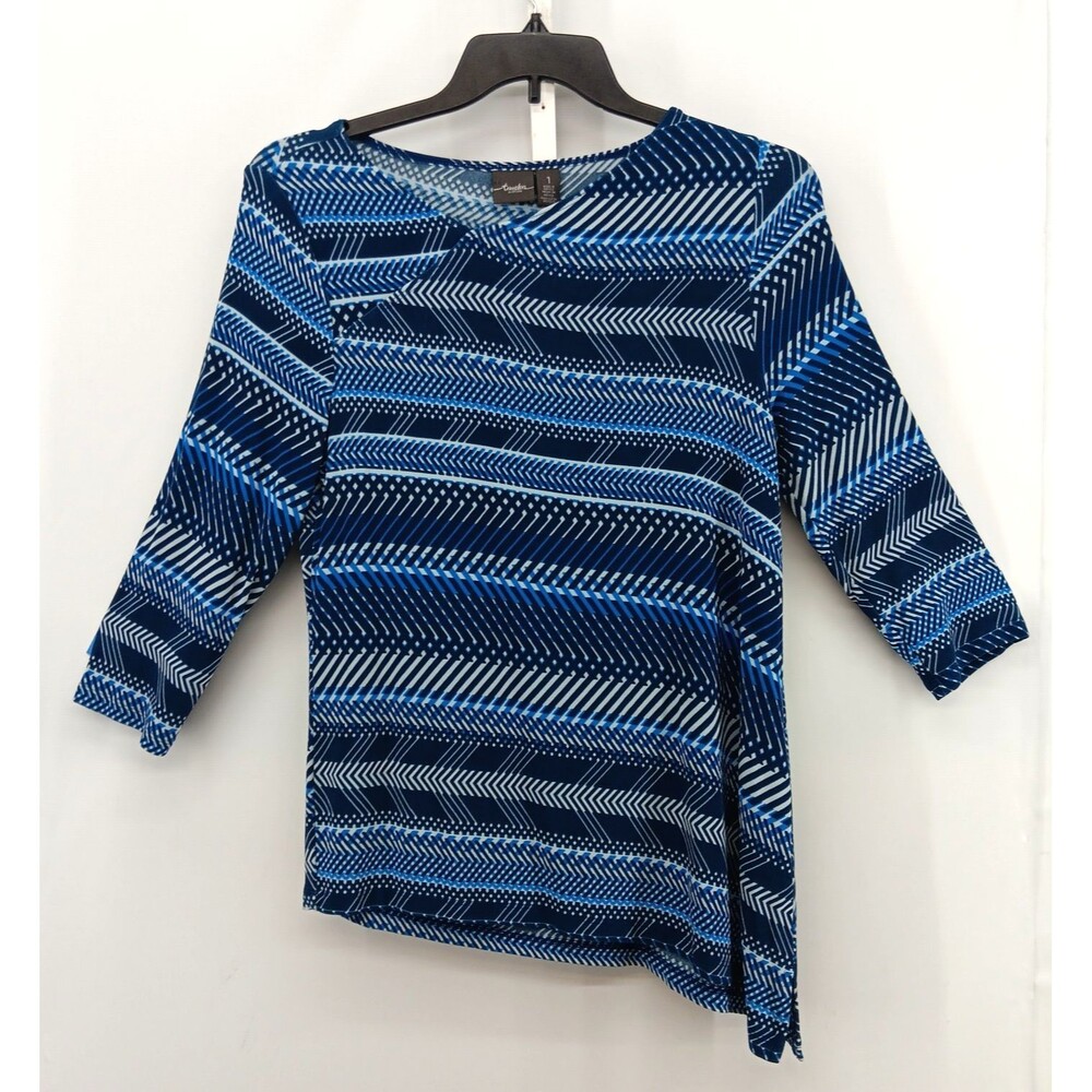 Chicos Blouse Women Size 1 Blue Striped 3/4 Sleeve Asymmetrical Hem Knit Top